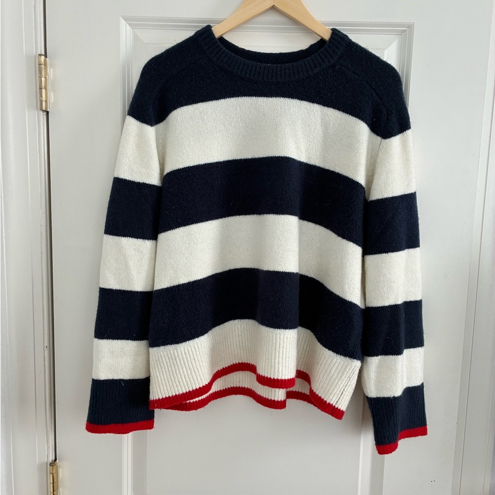 Abercrombie & Fitch Navy and Cream Striped Sweater with Red Trim